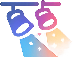 Two stylized overhead spotlights shining blue and pink light onto a stage area with a gradient background.