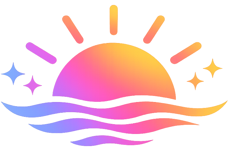 Outlined icon of a sunset over water with sun rays and sparkling stars on a vibrant gradient background.
